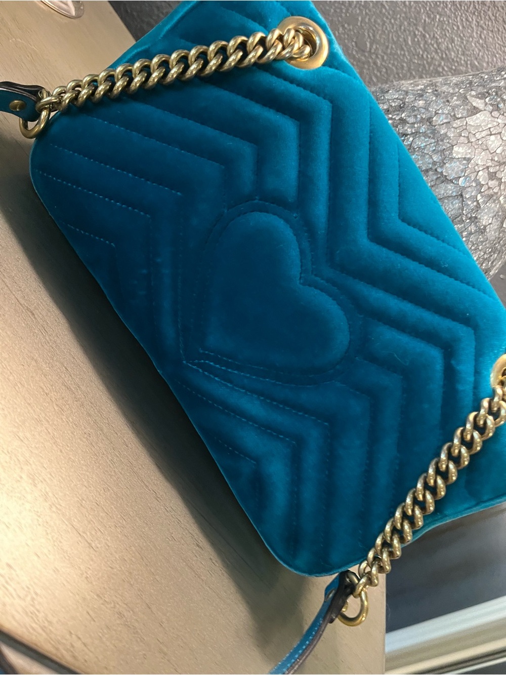 Gucci Teal Velvet Shoulder Bag with Gold Double G Chain - Picture 11 of 12